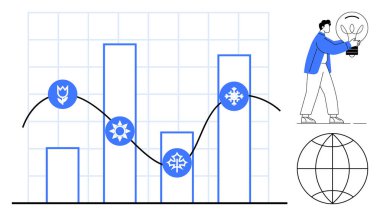 Mevsimlik simgelerle çizelge ve çizgi grafiği, ampul taşıyan kişi ve dünya sembolü. Veri analizi, mevsimsel eğilimler, yenilik, küresel içgörü, iş stratejisi, karar verme mekanizması için ideal