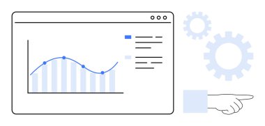 Kontrol paneli veri noktaları, metrik liste, ayarlar dişlileri ve işaret eden el ile trend grafiğini gösterir. Analiz, iş stratejisi, veri optimizasyonu, öngörü, yönetim kullanıcı arayüzü için ideal