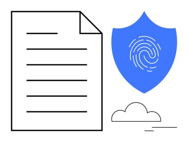 Üzerinde parmak izi olan bir kalkan. Mavi ve beyaz estetik. Siber güvenlik, veri koruması, kimlik doğrulama, gizlilik, güvenli depolama, dijital güvenlik uyumu için ideal. Basit.