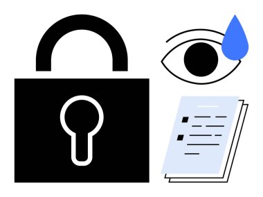 Kilit güvenliği simgeler, göz yaşları gözetime veya endişelere yol açar, belgeler bilgiyi temsil eder. Veri güvenliği, mahremiyet, uyum, izleme, gizlilik, siber güvenlik için ideal