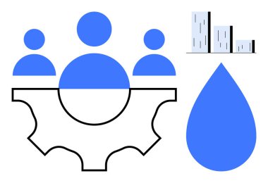 Takım çalışmasını sembolize eden teçhizat, veri büyümesini gösteren bar çizelgesi ve sürdürülebilirliği temsil eden su damlası. Takım çalışması, üretkenlik, yenilik, büyüme, ekoloji, hedef belirleme için ideal
