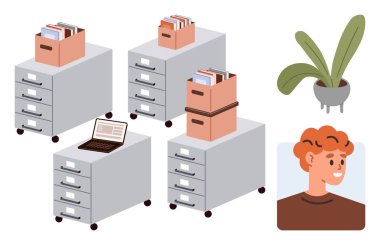 Düzenli klasörlü dosya dolapları, bir dolapta duran dizüstü bilgisayarlar dekor için saksı bitkisi ve gülümseyen bir insan profili. Takım çalışması, verimlilik, işyeri, organizasyon, depolama ofisi için ideal