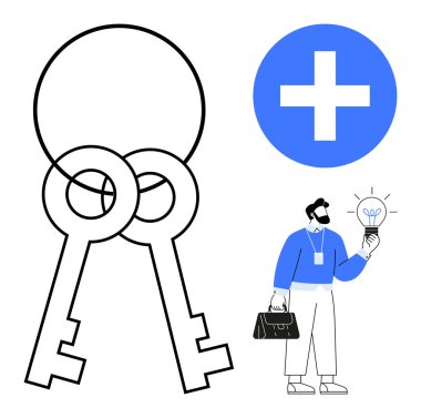 İki üst üste binen geleneksel anahtar, parlayan bir ampul tutan bir profesyonel ve mavi artı işareti. Yenilik, başarı, strateji, çözümler, büyüme ve motivasyon için ideal. Basit.