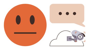 Konuşma baloncuğunun yanında, elips ve bulut çizgisi içinde bir güvenlik kamerası olan tarafsız bir yüz. Duygular, iletişim, mahremiyet, güvenlik, gözetim, yapay zeka ve veri için idealdir. Basit düz