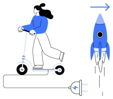 Elektrikli scooter kullanan bir kadın elektrik prizine bağlı ve bir roket öne doğru uçuyor. Enerji, hareketlilik, yenilik, çevre dostu, teknoloji, ilerleme ve hız kavramları için idealdir. Basit.
