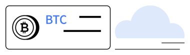 Bitcoin logosu ve bir kartın üzerindeki bulut grafiğinin yanındaki metin. Kripto para birimi, cüzdan erişimi, engelleme zinciri, dijital bankacılık, veri yedekleme, fintech ve işlem güvenliği için ideal. Basit düz metafor