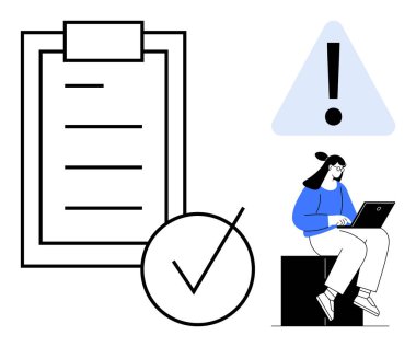 Kalın bir kontrol işaretli pano kontrol listesi teslim tarihleri için alarm üçgeni ve dizüstü bilgisayar kullanan odaklanmış bir kişi. Üretkenlik, organizasyon, anımsatıcılar, öncelikler, iş akışı, görev için ideal