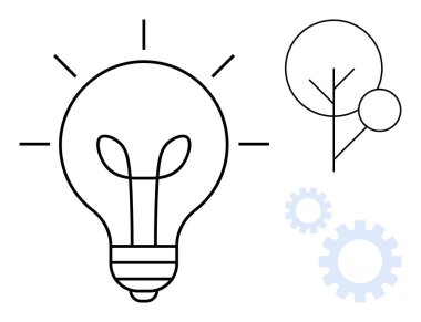 Işık yayan ampuller, stilize edilmiş ağaç ve inovasyon, problem çözme, sürdürülebilirlik ve büyümeyi sağlayan dişliler. Yaratıcılık, ilerleme, ekoloji ekip çalışması için ideal yeşil enerji beyin fırtınası