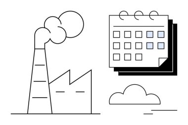 Fabrika, işaretli günleri ve bulutları olan bir takvimin yanına duman salıyor. Kirlilik, endüstri, çevre, programlama, üretim yönetimi, sürdürülebilirlik odağı, basit düz metafor