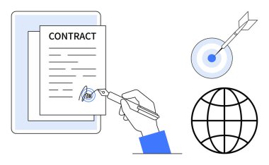 El imzası sözleşmesi, dart hedefi vurmak, dünya bağlılığı, hassasiyeti ve küresel ulaşımı simgeliyor. İş için ideal, anlaşmalar, hedefler, ortaklıklar için başarı stratejisi basit düz metafor