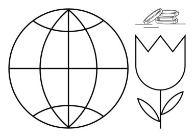Şebeke çizgileri, bozuk paralar, lale çiçekleri ve yapraklarla dolu bir dünya. Ekonomi, sürdürülebilirlik, küreselleşme, finans, büyüme ortamı ve minimalizm kavramları için idealdir. Basit düz metafor