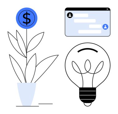 Dolar sembollü saksı bitkisi, parlayan ampul, tarayıcı penceresinde sohbet mesajları. Yatırım, yenilik, iletişim, işbirliği, yaratıcılık, basit iniş sayfası için ideal