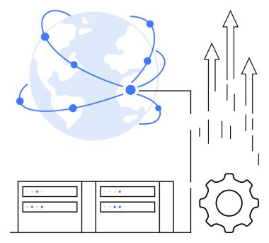 Bağlı düğümleri, sunucu yığınları, yukarı doğru okları ve vites ögesi olan dünya haritası. Teknoloji, yenilik, veri transferi, bulut hesaplaması, ağ altyapısı ilerlemesi için ideal