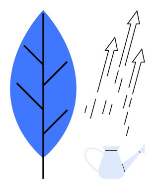 Mavi yaprak, yukarı doğru ok, yağmur çizgileri ve sulama büyümeyi, sürdürülebilirliği, doğa bakımını, çevre bilincini, yenilenebilir kaynaklar gelişimini ve çevresel dengeyi yansıtabilir. İdeal
