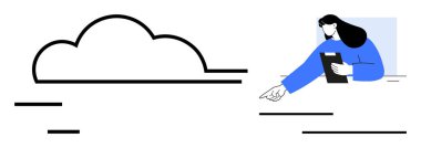 Tablet tutan ve bulut çizgisi yakınındaki bir kadını işaret eden. Teknoloji, bulut hesaplama, veri depolama, işbirliği, dijital yenilik, uzaktan çalışma, basit iniş sayfası için ideal