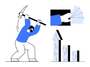 Elleri para tutarken işçi kazması sallıyor ve yükselen trend bar tablosu mali ilerlemeyi gösteriyor. İş, yatırım, ekonomi, iş gücü, mali büyüme, üretkenlik, basit iniş için ideal