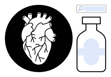 Siyah çemberin içinde anatomik kalp diyagramı mavi etiketli ilaç şişesi ve arama çubuğu. Sağlık, kardiyoloji, tedavi, teşhis, araştırma ve basit iniş sayfası için ideal