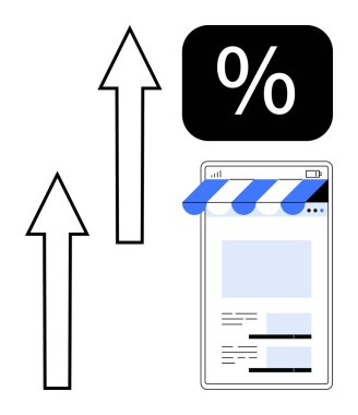 Çevrimiçi mağaza arayüzü, yüzde simgesi ve büyümeyi ve başarıyı simgeleyen yukarı doğru okları olan akıllı telefon. E-ticaret, iş, satış, pazarlama, gelir artışı, dijital trendler için ideal