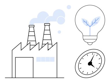 Duman yayan fabrika bacaları, yeşil enerjiyi sembolize eden büyüyen bitki ampulü ve zamanı temsil eden analog saat. Sürdürülebilirlik, yenilenebilir enerji, endüstri, yenilik ve zaman için ideal