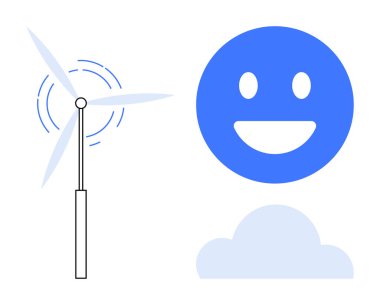 Rüzgar türbini mavi mutlu bir yüz ve bulutun yanında enerji üretiyor. Sürdürülebilirlik, yenilenebilir enerji, çevre bakımı, pozitiflik, eko-teknoloji, yeşil yaşam, basit iniş sayfası için ideal