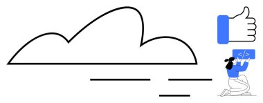 Akış çizgileri olan bulutlu bir şekil, ekranı tutan kodlayan bir kadın, ve bir de baş parmak. Teknoloji, kodlama, bulut servisi, takım çalışması, onay, yazılım geliştirme için ideal basit iniş sayfası