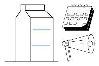Süt kutusu, günlerle işaretlenmiş takvim ve beslenme, zamanlama, farkındalık, reklam, pazarlama, zaman yönetimi ve duyuruları gösteren megafon. Basit bir daireyle modern görüntü