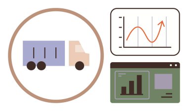 Analiz çizelgeleri ve büyüme eğilimleri ve çubuk grafikleriyle birlikte bir çember içinde nakliye kamyonu. Lojistik, ulaşım, tedarik zinciri, veri analizi, performans izleme ve büyüme stratejisi için ideal