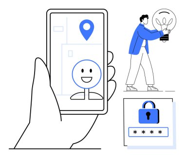 El ele tutuşan akıllı telefon, konum şifresi, avatar yüzü, ampullü adam, güvenlik kilidi. Yaratıcılık, güvenlik, yenilik, teknoloji takım çalışması navigasyon ve uygulamalar için idealdir. Basit.