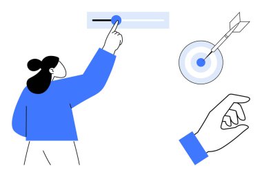 Özelleştirme için kaydırma kontrolünü ayarlayan kişi, hedefleri sembolize eden dart, hareket için el hareketi. Odaklanma, ayarlar, kesinlik, hedefler, karar verme, kişiselleştirme için ideal