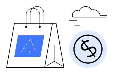 Geri dönüşüm tabelası, bozuk para ve bulut çizimi olan tekrar kullanılabilir bir alışveriş çantası. Sürdürülebilirlik, eko-ticaret, alışveriş, yeşil ekonomi, tasarruflar, çevresel farkındalık için ideal basit düz metafor