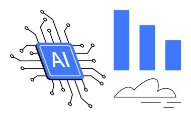 Devre bağlantıları olan yapay zeka çipi, mavi çizelge ve bulut. Teknoloji, yapay zeka, yenilik, veri analizi, bulut hesaplama makinesi öğrenimi ve otomasyon için idealdir. Basit düz metafor