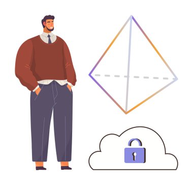 Renkli bir geometrik prizmanın yanında duran kendinden emin bir adam ve asma kilitli bir bulut işbirliğini, yaratıcılığı ve dijital güvenliği simgeliyor. Takım çalışması, teknoloji, yenilik ve liderlik için ideal.