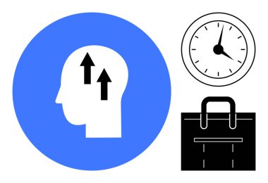 Bir saat ve evrak çantasının yanında büyümeyi simgeleyen yukarı doğru okları olan insan kafası. Üretkenlik, kariyer büyümesi, zaman yönetimi, hedef belirleme, kendini geliştirme, odaklanma, basit düz metafor