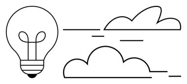 Ampul ve stilize bulutlar minimal doğrusal şekilde. Yenilik, yaratıcılık, çevre, sürdürülebilirlik, fikir üretimi, temiz enerji ve gelecek tasarım kavramları için idealdir. Basit bir daire.