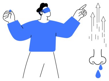 VR kulaklık takan biri, işaret eden küçük bir nesne tutuyor. Burun yayan oklar ve damlatan damlalar duyusal keşifleri vurguluyor. Sanal gerçeklik, yenilik ve duyusal tasarım için ideal.