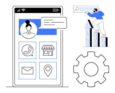 Kullanıcı profili, uygulama simgeleri ve arama için grafikleri olan büyük dişli akıllı telefon ekranı. Uygulama tasarımı, kullanıcı arayüzü, iletişim, navigasyon, iş büyümesi için ideal