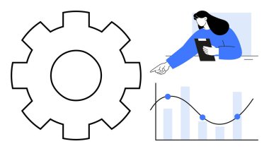 Vites simgesi, pano gösteren profesyonel bir kadın, çizelgesi ve çubuk grafiği olan çizelge. Takım çalışması, analitik, iş akışı, süreç verimliliği, karar verme, büyüme stratejileri için ideal basit iniş stratejileri
