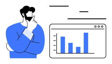 Dijital bir arayüzde bar tablosunu analiz eden düşünceli bir adam. İş stratejisi, veri yorumu, analitik, sorun çözme, karar verme, eğitim ve basit iniş sayfası için ideal