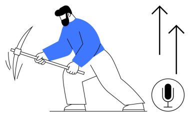 Yenilik ve başarı, büyüme okları ve ses ikonu hedefleyen bir kazmayla temel atan bir adam. Teknoloji, üretkenlik, veri madenciliği, ilerleme, yenilik, takım çalışması için ideal basit iniş sayfası