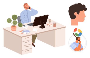 Masa başında bilgisayar ve kırtasiyeyle çalışan bir adam telefonla konuşuyor. Yan profil, soyut düşünme ve bulmaca kafa da dahil. Üretkenlik, işyeri, yaratıcılık ve iletişim için ideal
