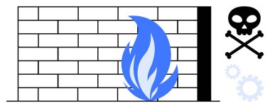 Mavi alev engelli duvar kafatası, çapraz kemikler ve dişliler, siber güvenliği sembolize eden, veri savunması, çevrimiçi güvenlik, kötü amaçlı yazılım önleme, sistem koruması, basit düz savunma metaforunu hackleme