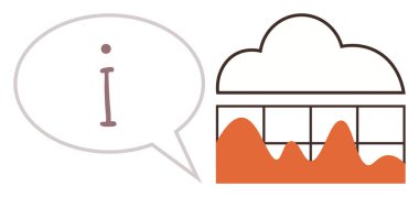 Konuşma baloncuğu, bilgi simgesinin yanındaki turuncu dalga grafiği bulutların altında. Veri analizi, bulut hesaplama, istatistik, bilgi paylaşımı, teknoloji, depolama için ideal, basit düz metafor