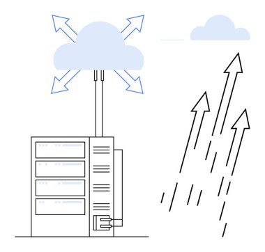 Sunucu rafı veri akışı ve yüklemesi için okları olan bir buluta bağlı. Teknoloji, veri depolama, bulut hesaplama, ağ oluşturma, bağlantı, yenilik, basit düz metafor