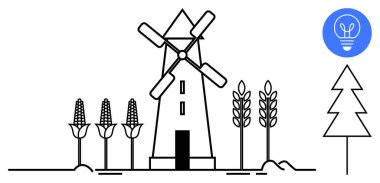 Yel değirmeni ve bir ampul ikonunun yanında ağaç çizgisi olan ekinler. Sürdürülebilirlik, yenilenebilir enerji, tarım, eko-farkındalık, yenilik, yeşil teknoloji, basit iniş sayfası için ideal