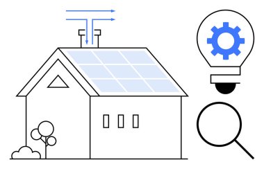 Güneş panelleri ve ağaçları olan ev, hava akışı temsilcisi, büyüteç ve dişli ampul. Enerji, sürdürülebilirlik, yenilik, teknoloji, yeşil yaşam araştırma verimliliği için ideal
