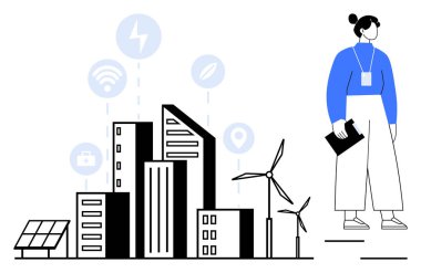 Gökdelenler, rüzgar türbinleri, güneş panelleri ve dijital ikonlar sürdürülebilir bir akıllı şehri vurguluyor. Bir profesyonel elinde tabletle ayakta durur. Akıllı şehirler, teknoloji, yeşil enerji, kentsel planlama için ideal