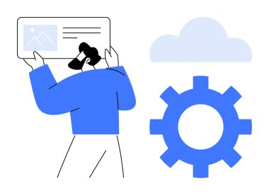 Bir ekran paneli, mavi vites simgesi ve gri bulut tutarken insan UI ile etkileşime giriyor. Teknoloji, bulut hesaplama, yazılım geliştirme, veri senkronizasyonu, otomasyon, sistem kurulumu için ideal