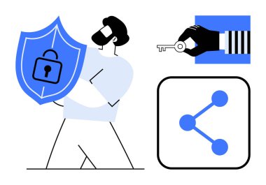 Kilitli, el ele tutuşan ve güvenlik ve veri paylaşımı öneren ikonu paylaşan bireysel bir kalkan. Veri koruması, siber güvenlik, teknoloji, kullanıcı erişimi, mahremiyet, basit paylaşım için ideal