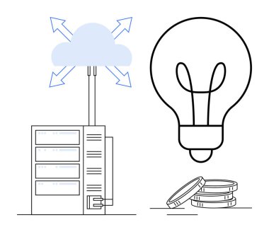 Oklarla buluta bağlı sunucu, yeniliği sembolize eden ampul ve finansal verimliliği simgeleyen madeni paralar. Teknoloji, yenilik, bulut hesaplama, iş, maliyet yönetimi, veri için ideal