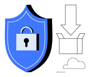 Üzerinde asma kilit sembolü olan mavi bir kalkan, açık bir kutu, aşağı doğru ok ve bulut çizgisi. Güvenlik, veri koruması, bulut depolama, erişim kontrol yedekleme yazılımı için ideal. Basit düz metafor